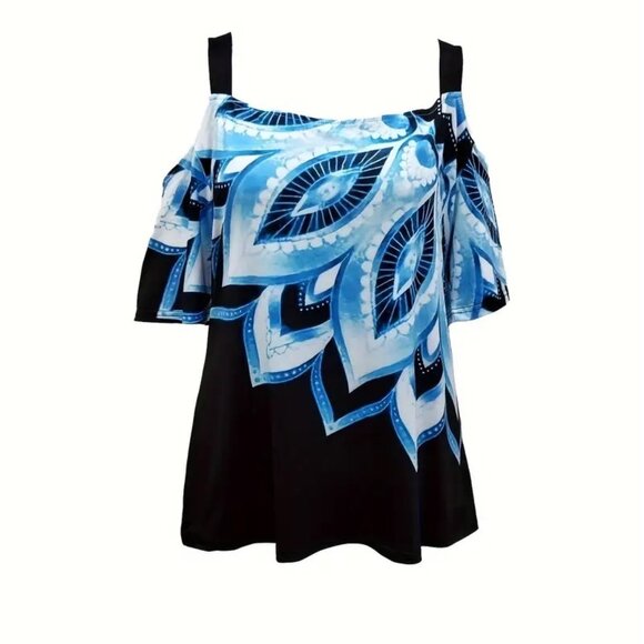 Women's Plus Size Colorblock Cold Shoulder Summer Trendy Blouse Top 16W -18W - Picture 2 of 7